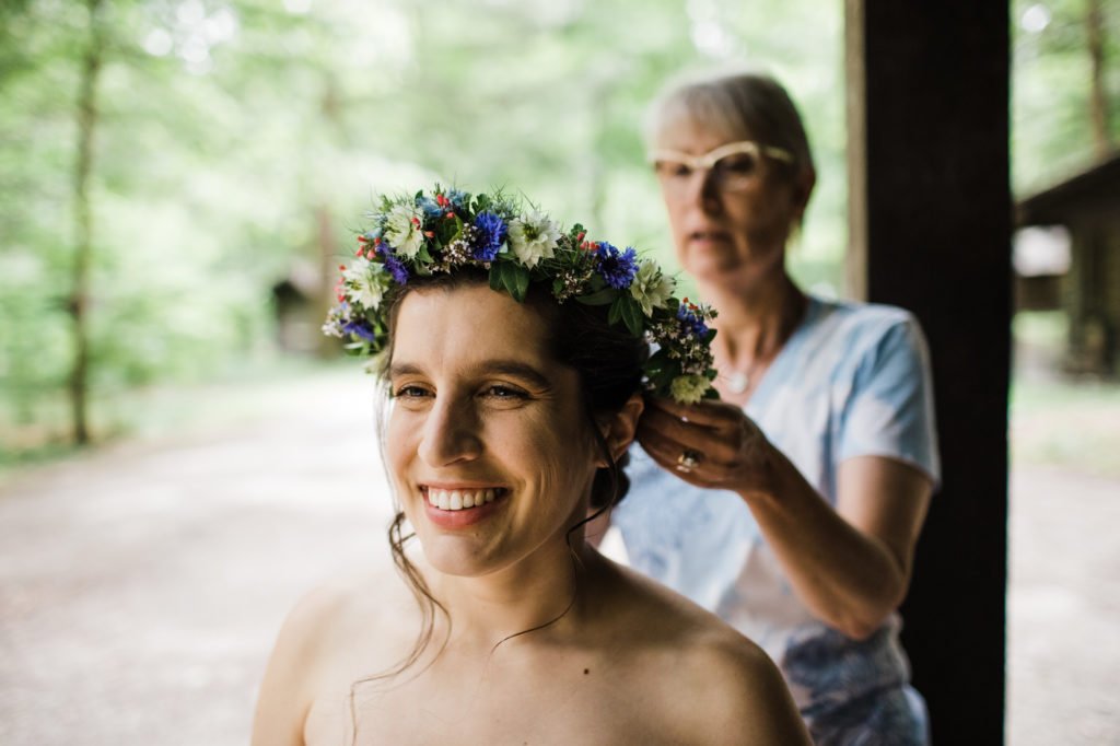 Flower Crown by Take Your Pick Flower Farm, Treman State Park Wedding at North Pavilion, Treman State Park Cabins, Treman State Park Rim Trail, and Treman State Park Gorge Trail in Ithaca, NY
